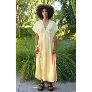 Aquarius Cocktail ACQ Venus Yellow Cotton Gingham Kaftan Dress 1 S-M $465
